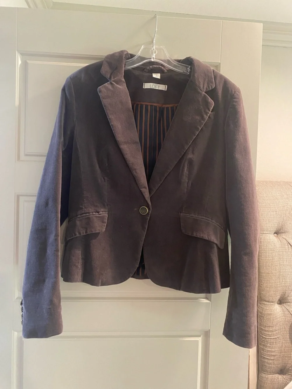LOFT Brown Velvet Blazer with Striped Lining - Picture 2 of 5